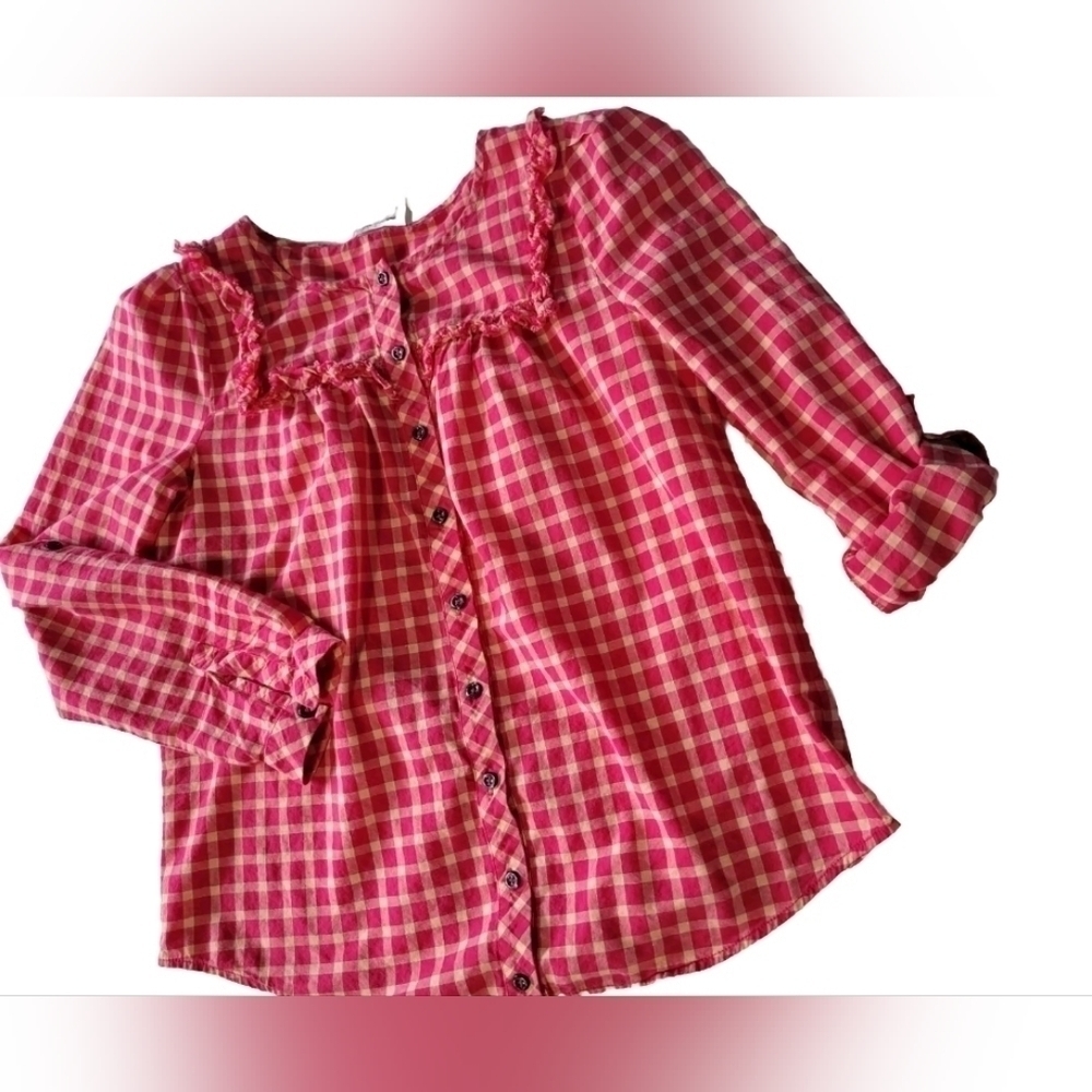 Holding Horses Gingham Ruffle Roll-tab Sleeve Button-down Shirt Size 4 Pink